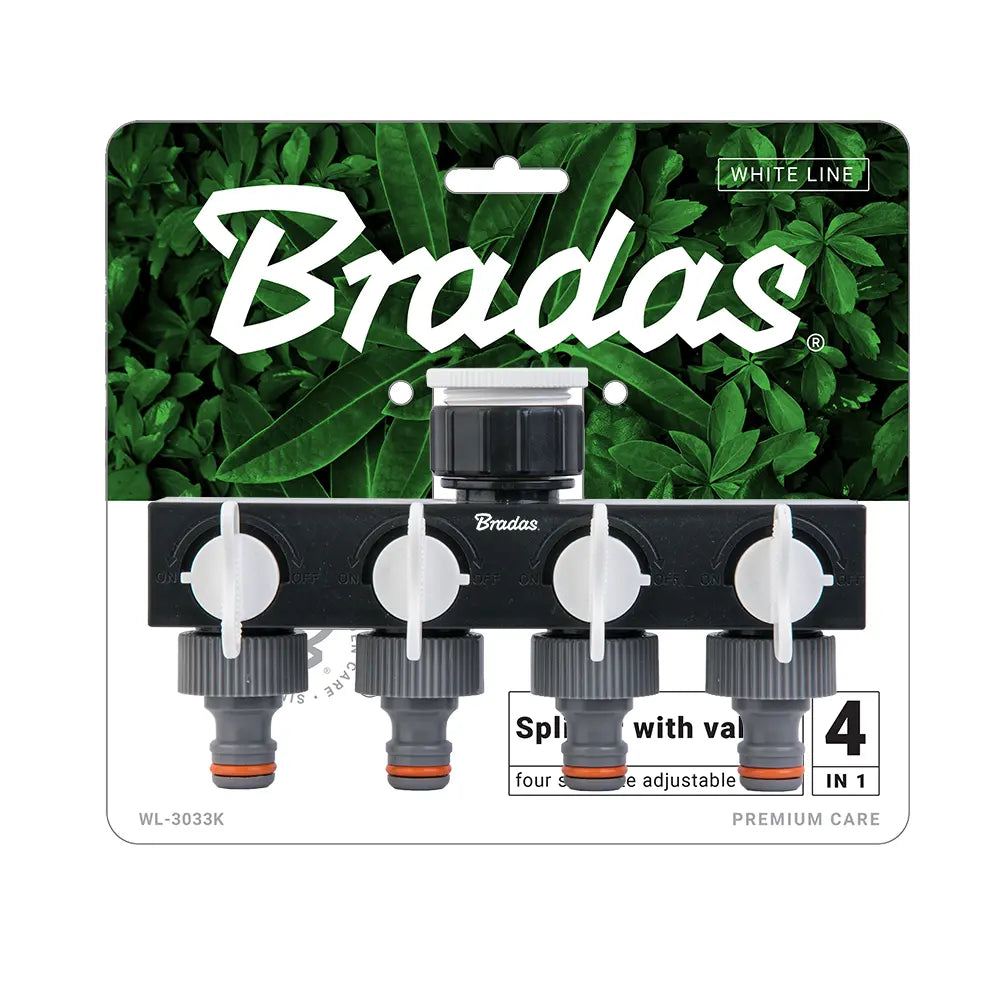 Bradas WHITE LINE 4-Wege-Wasserverteiler mit flexibler Steuerung des Wasserflusses zu mehreren Schläuchen.