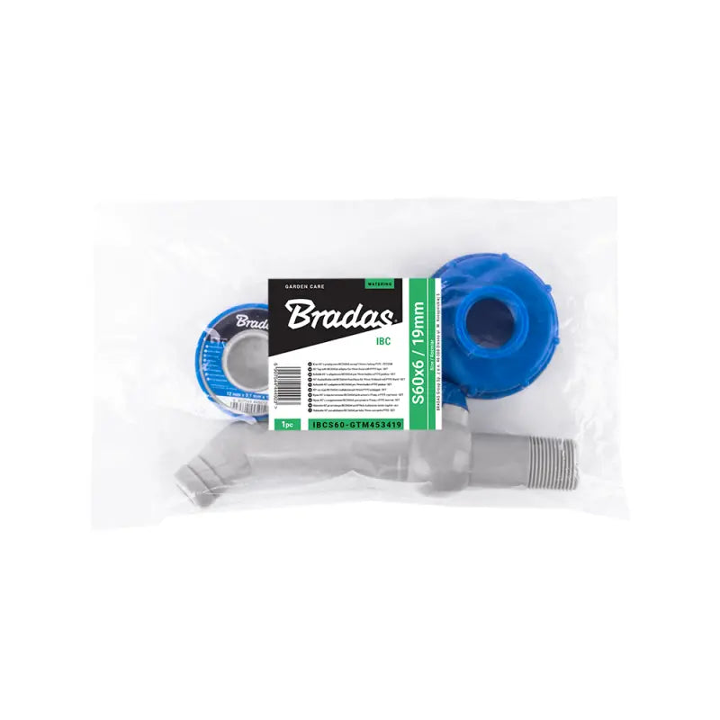 Bradas Set – Weißer PP 45-Grad-Hahn mit IBC S60x6 Adapter für 32 mm PE-Schlauch und PTFE-Dichtband Bradas
