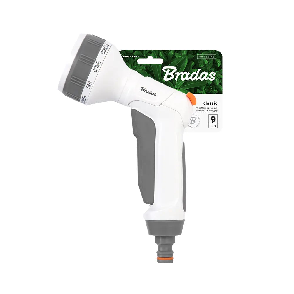 Detailansicht der Bradas WHITE LINE Spritzpistole mit neun einstellbaren Sprühfunktionen.