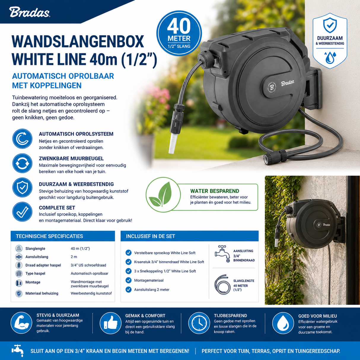 Bradas Wandschlauchbox White Line 40 m (1/2”) – Automatisch aufrollbar mit Kupplungen