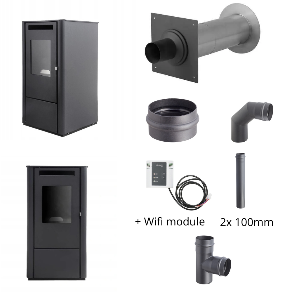 Ferretti Milano 9 kW Schwarz + Duepi Wi-Fi – Wanddurchführung Holetherm (schwarz) EWG-80 & Darco SPKP Ø80 (2×1 m, 90° Bogen, T-Stück, Kondensat)