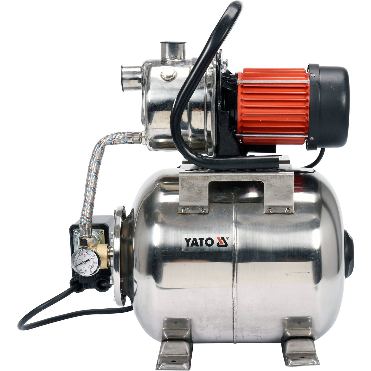 Seitenansicht der Yato Hauswasserwerk-Pumpe mit 19-Liter-Tank