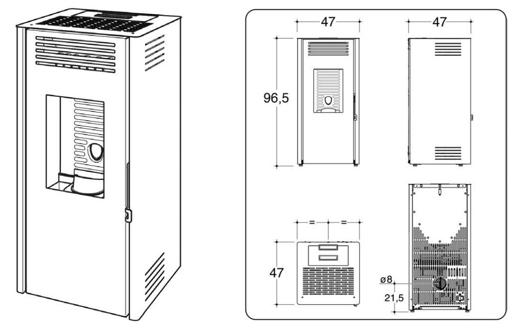 Effizienter Caminetti Montegrappa Elica Pelletofen zur Beheizung von Räumen bis 97 m², mit programmierbarem Thermostat.