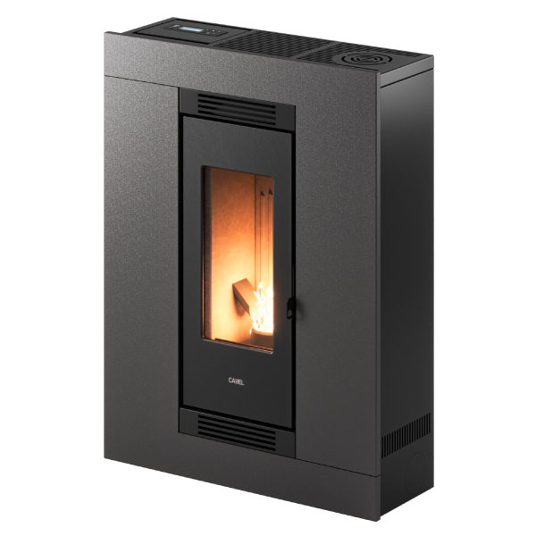 Cadel Luce Plus 8,5kW zwarte pelletkachel met Slim-behuizing en flexibele luchtkanaalopties, geschikt voor ruimtes tot 92 m².