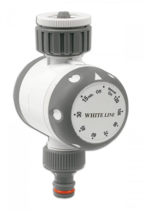 Bradas WHITE LINE Mechanischer Bewässerungstimer mit Soft-Drehknopf und Anschluss für Wasserhähne.