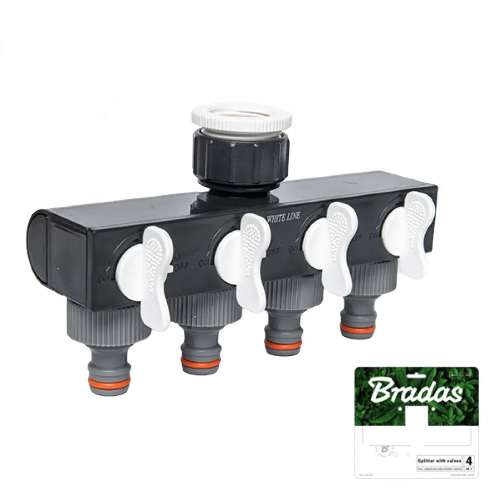 Bradas WHITE LINE 4-Wege-Wasserverteiler mit unabhängigen Hähnen für eine effiziente Wasserverteilung.