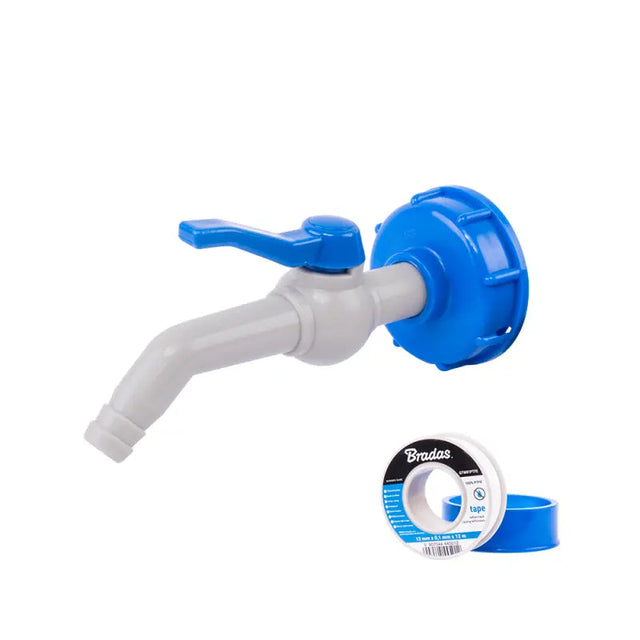 Bradas Set – Weißer PP 45° Hahn mit IBC S60x6 Adapter für 13 mm Schlauch und PTFE-Dichtband Bradas