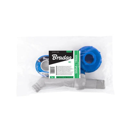 Bradas Set – Weißer PP 45° Hahn mit IBC S60x6 Adapter für 13 mm Schlauch und PTFE-Dichtband Bradas