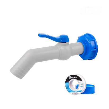 Bradas Set – Weißer PP 45-Grad-Hahn mit IBC S60x6 Adapter für 32 mm PE-Schlauch und PTFE-Dichtband Bradas