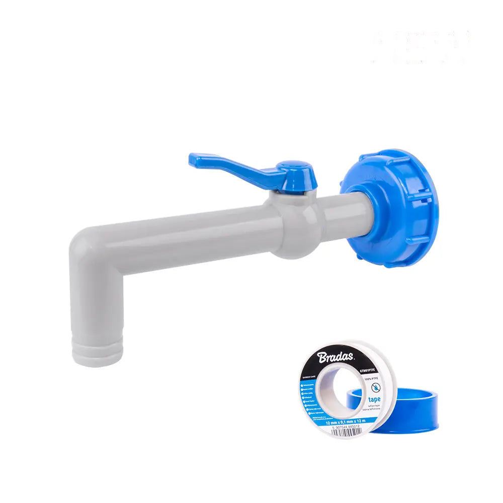 Bradas Set mit weißem PP 90° Kugelhahn und IBC S60x6 Adapter für 25 mm PE-Schlauch.