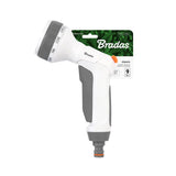Detailansicht der Bradas WHITE LINE Spritzpistole mit neun einstellbaren Sprühfunktionen.