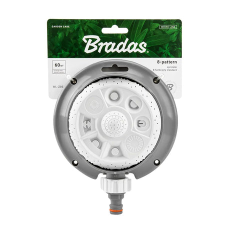 Detailansicht des Bradas WHITE LINE Sprinklers mit stabilem Standfuß und verschiedenen Sprühmodi.