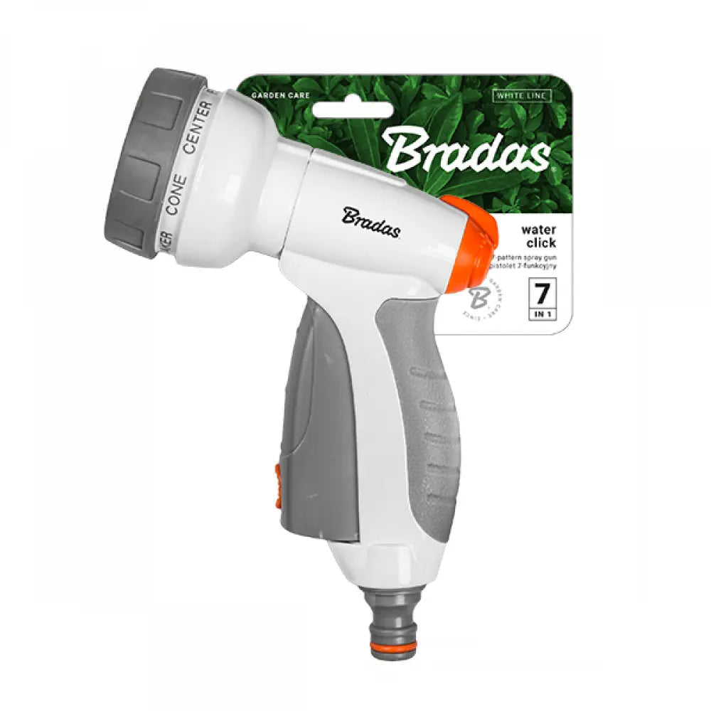 Detailansicht der Bradas WHITE LINE Spritzpistole mit innovativem Hebel zur Regulierung des Wasserflusses.