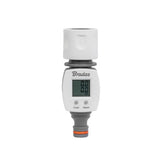 Detailansicht des Bradas WHITE LINE Wasserzählers mit Adapter und Auswahl zwischen Litern oder Gallonen.