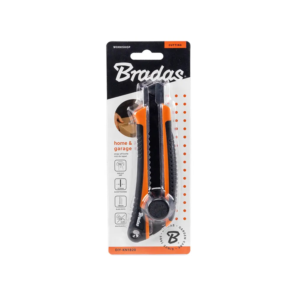 Detailansicht des Bradas Abbrechmessers mit TPR-Griff und Slide-Lock-Mechanismus.