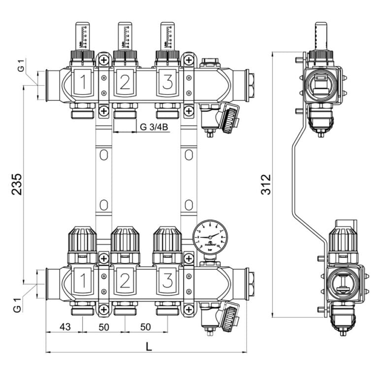 Diamond verdeler met flowmeters, manometer en afsluiters