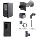 Ferretti Milano 9 kW Schwarz + Duepi Wi-Fi – Wanddurchführung Holetherm (schwarz) EWG-80 & Darco SPKP Ø80 (2×1 m, 90° Bogen, T-Stück, Kondensat) 
