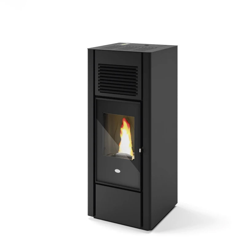Eva Calor Giusy 14kW schwarze Pelletöfen mit drei Ausgängen und doppelter Kanalisierung – ideal zur Beheizung mehrerer Räume.